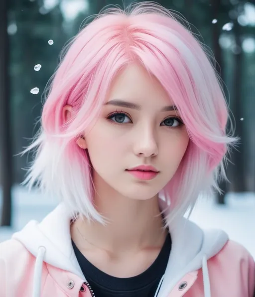 Prompt: The beautiful girl, white and pink hair,  she is hot vs cold bubblegum perfect 