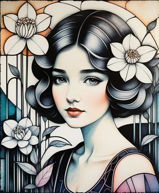 Prompt: Lithography print, fine lines, gradient colors, a beautiful whimsical girl, gardenia flowers, Javier Mariscal and Charles Rennie Mackintosh style, encaustic texture.