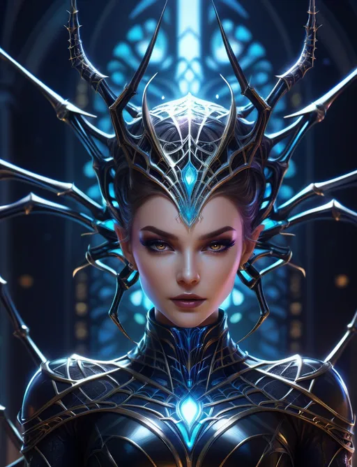 Prompt: a stunning evil alien spider queen, surrounded by filigree symmetrical webs of light, glowing, full body image by matt mills, artgerm and pino daeni, bokeh, shimmer, trending on artstation and cgisociety, sharp, crisp, ultradetailed, vibrant color, avantgarde, haute couture, intricately detailed, unreal engine, 32k, concept art, beautifully lit, shadow effect, hyper-realistic 