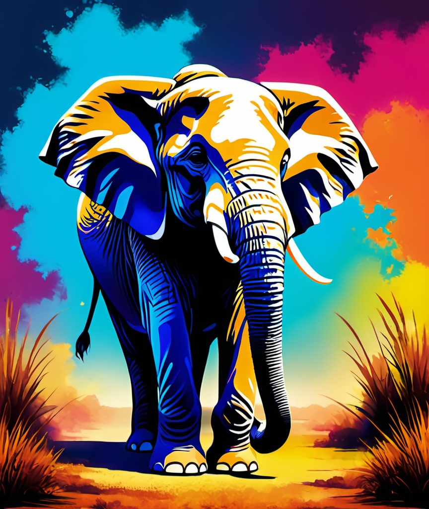 Prompt: an elephant standing in the distance, with colorful backgrounds, in the style of dye-transfer, bold posters, luminous sfumato, use of bright colors, resin, bento, colorful --ar 61:93 --stylize 250 --no t-shirt, mockup, palette, deformity, words, text, signature, border, watermark 