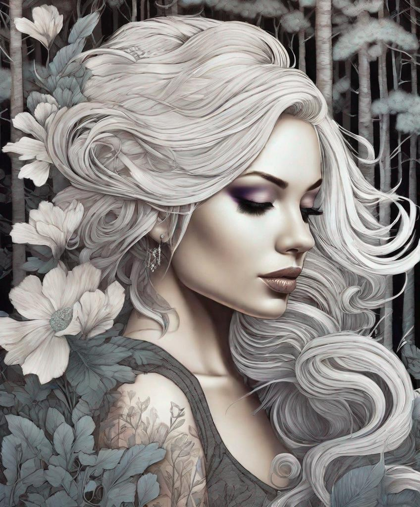 Prompt: The beautiful young lady with blowing platinum hair illustration art by Matt Fraction, Daria Endresen, Tristan Eaton. Funk art, Whimsical forest background, Extremely detailed, intricate, beautiful. 
