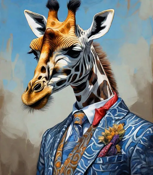 Prompt: a giraffe with big dark-blue eyes is wearing a b&w zebra striped suit and a colorful rococo fashion tie with a matching pocket scarf, in the style of Andreas Rocha and Paul Hedley, maximum detailed portrait, golden nose ring, silver filigree, elegant, intricate details, rich colors, thick texturized impasto oil paint, high society medieval grunge, elite, haute-couture 
