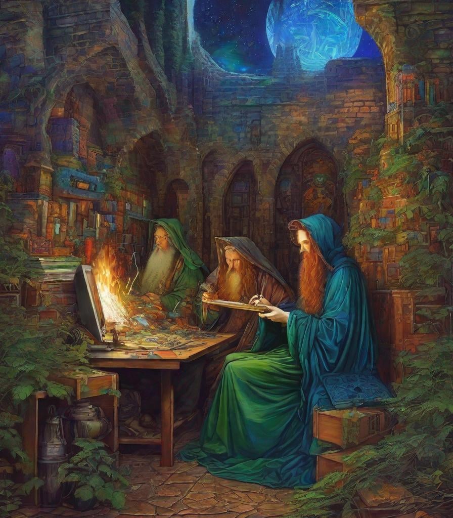 Prompt: Too many wizards*, Pre-Raphaelite cyber graffiti 