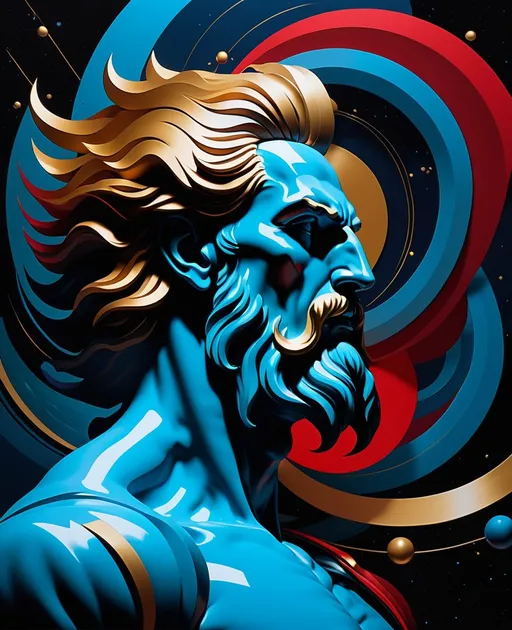 Prompt: A modern oil painting in the style of Roberto Ferri, featuring Zeus depicted in a constructivist glitch art aesthetic. The painting should emphasize dramatic contrasts, with Zeus portrayed in a powerful, dynamic pose, embodying both classical beauty and divine energy. The constructivist elements should introduce geometric shapes and bold lines, intersecting with Zeus's form, creating a fusion of classical art and modern digital glitch effects. The color palette should be rich and varied, incorporating deep blues, radiant golds, and striking reds, evoking a sense of celestial power and otherworldly presence. The overall composition should be balanced yet dynamic, capturing the essence of both classical mythology and contemporary digital art