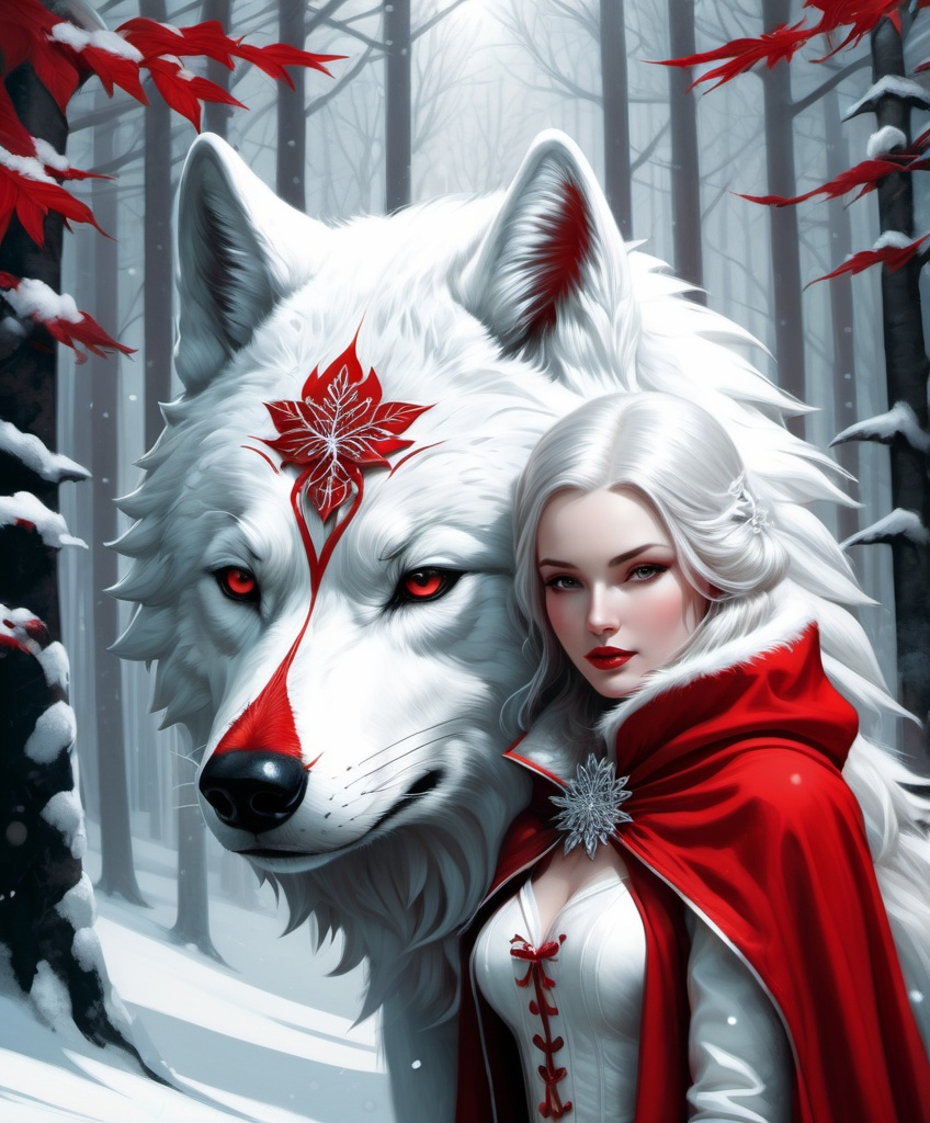 Prompt: The beautiful Red Riding Hood is in love with the anthropomorphic Big white Winter wolf man , detailed, fern leaves, Snow, by artgerm, tom bagshaw, Megan duncanson, James Jean, shaun tan, madoka magica, by kay nielsen, embossing fairy tale, whimsical, trending on artstation. Super clear resolution, elegant beautiful, lovely, best quality, beautifully lit, vray tracing