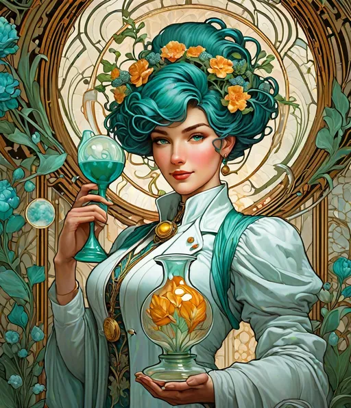 Prompt: "A portrait of a female scientist in the Art Nouveau style, reminiscent of the Statue of Liberty. She confidently holds a chemistry carafe aloft, dressed in a white lab coat fused with Art Nouveau fashion, adorned with floral patterns and intricate detailing. Her hairstyle is elaborate, typical of the period. The background is rich in Art Nouveau motifs, with organic forms, flowing lines, and stylized natural elements. The image resembles a tempera on canvas, capturing the textures and colors of the Art Nouveau era. The scientist is a beautiful woman with intricate, styled hair, embodying confidence and elegance." 