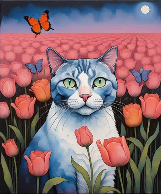 Prompt: Art by Marc Johns, Javier Mariscal, Kees van Dongen, Monica Blatton, Luminous encaustic texture, gradient bold crossed colors, profile of an expressive beautiful cat looking up with a butterfly perched in its nose, in a field of tea rose and periwinkle tulips, piercing odd colored eyes, twilight sky.