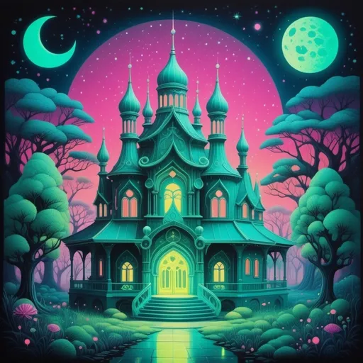 Prompt: Phosphorescent Architecture by the artist '?', in the style of vibrant pop surrealism, cute and whimsical meets occult and macabre