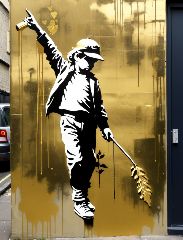 Prompt: Banksy Mural Gold Leaf 1209 1210a 1209 1210a 