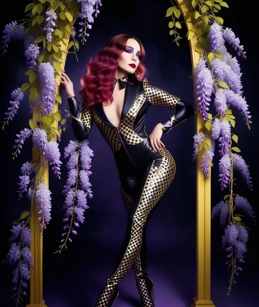 Prompt: wisteria full body, large view, fashion editorial photography, wisteria girl wears a wisteria femme fatale harlequin catsuit, circus aesthetic, cirque du soleil performer, carnival haute couture costume, Vogue pose, studio lighting, details, award-winning fashion magazine cover