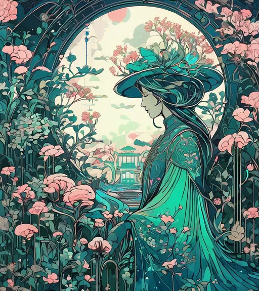 Prompt: cybermonk neoncore Art Nouveau graffiti, covered in fantastical garden to reach the real world, art by ChrisWaikikiAI 