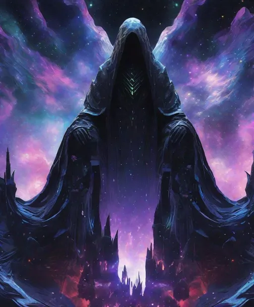 Prompt: a close up shot of an eroding marble statue of a cloaked figure. The statue is emerging from a rippling liquid nebula in deep space resembling a deep and dark black ocean pierced by vibrant spires of neon gas expected by the great horned owl cluster. Mysterious towers lurch in the background, backlit by a heavenly glow trending in psychosis