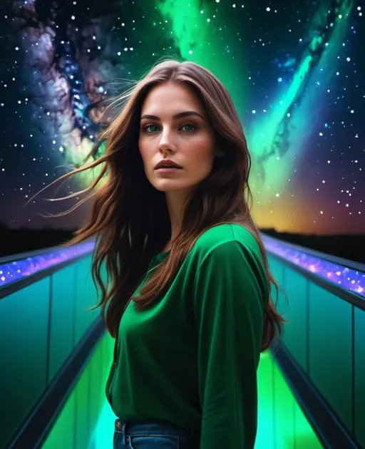 Prompt: sinking into the turbulent void:: intense glare. constructing the void from distorted VHS footage of a corrupt scene from an unreleased visible light spectrum in the shape of a beautiful woman flick. Standing on a glass path over a galaxy filled with stars. Natural human form. Long brown hair, green eyes 