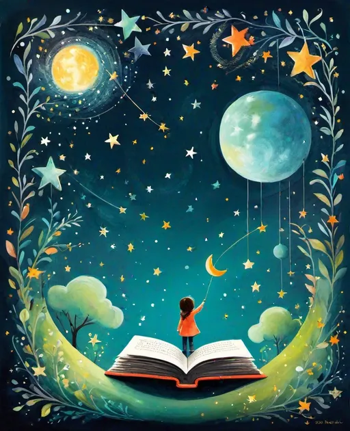 Prompt: art for a child's room, gantry of the imagination, a good book is the launchpad, shoot to the stars, books are magical, nurserycore, simple shapes, charming, fanciful, wisps and flourishes 
