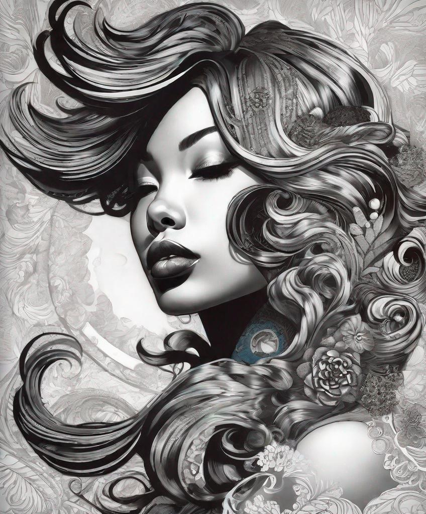 Prompt: The beautiful young lady with blowing hair illustration art by Tristan Eaton. Extremely detailed, intricate, beautiful. 
