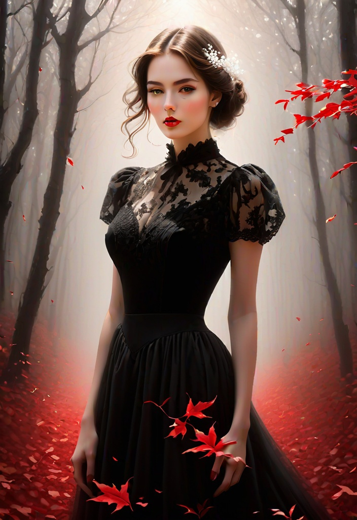 Prompt: A beautiful young lady, beautiful face, wearing black dress, a ghostly forest of white trees with red leaves background, god rays through the tees, rim lighting, foggy bleak mood art by Rebeca Saray, Michael Creese, Frank Cadogan Cowper, Yves Saint-Laurent, Thomas Edwin Mostyn, Hiro isono, James Wilson Morrice, Axel Scheffler, Gerhard Richter, pol Ledent, Robert Ryman. Guache Impasto and volumetric lighting. Mixed media, elegant, intricate, beautiful, award winning, fantastic view, 4K 3D, high definition, hdr, focused, 