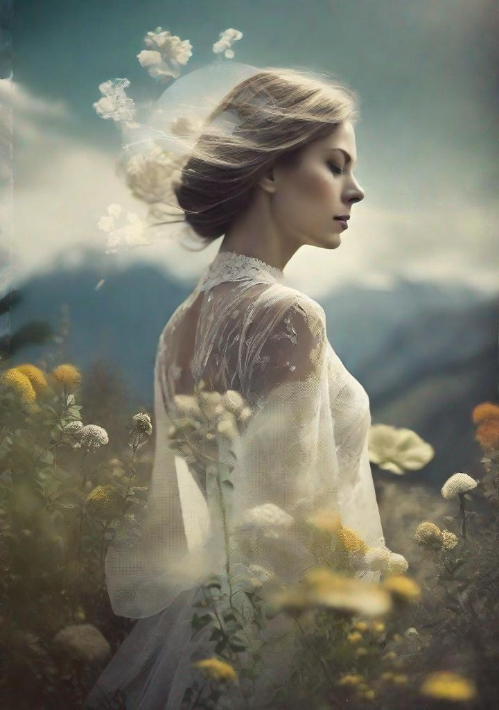 Prompt: Single image double body exposure: The Very Beautiful dreamy lady, with beautiful face, she is like the wind, her body is an eerie landscape (double body exposure with a mountain and flowers) art by Anka Zhuravleva, Antonio mora, Sandy Welch, Jane Small, Aliza Razell, Eduard Veith, Joel Robison, Mikhail Vrubel, Ferdinand Hodler, Christoffer Relander, William Timlin, Charles Rennie Mackintosh, John Lowrie Morrison, Sidney Nolan. 3d, Volumetric lighting, mixed media, Best quality, crisp quality, optical illusion.