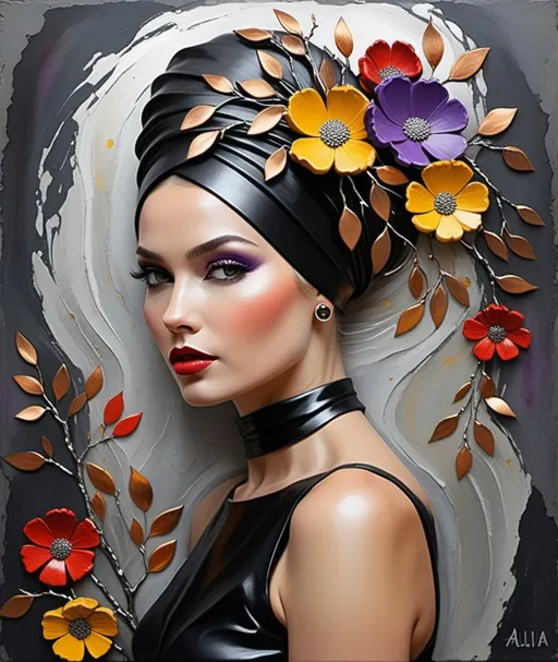 Prompt: inspired by Alisa Burke, Caia Koopman, endre penovac, Figurative naive art, stone texture painting of a woman with sculptural hair turban made of branches and gradient red yellow purple impasto flowers flowing in the wind, wearing a black high neck dress, abstract silver copper patina background, highly detailed digital painting, a fine art painting