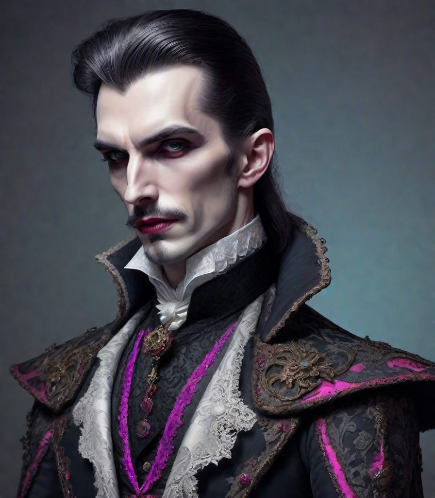 Prompt: Very handsome count dracula fancy ornated on neon victorian age, medieval grunge, victorianpunk, fashion design sketch, met gala event, royal gala, rococo, baroque, hyper realistic, insanely detailed and intricate, hyper maximalist, elegant, super detailed, dynamic pose