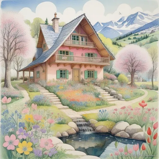 Prompt: Bucolic spring chalet surrounded by a whimsical spring garden, vivid bright colors, Illustration art by Anne Redpath, Bill Bell, Catherine Holman, Albert Irvin, Mikalojus Konstantinas Ciurlionis. Extremely detailed, intricate, beautiful, guache and pen Ink. 3d, high definition, fantastic view. Impasto Watercolors and Ink, volumetric lighting