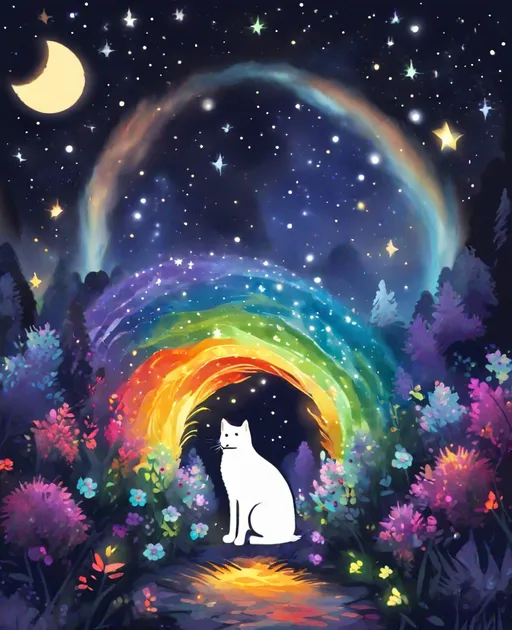 Prompt: my personal little Bifrost for the shadows of my beloved cats and dogs who visit me sometimes on a moonlit night 