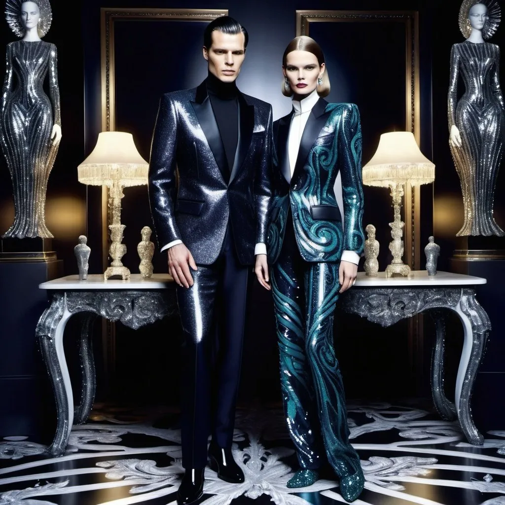 Prompt: Man and Woman, full body , glitter and fabulousness Balenciaga suits , embroidered with sequins, rhinestones, colorful sequins, damask shoes, evening scene , Deco by HR Giger 