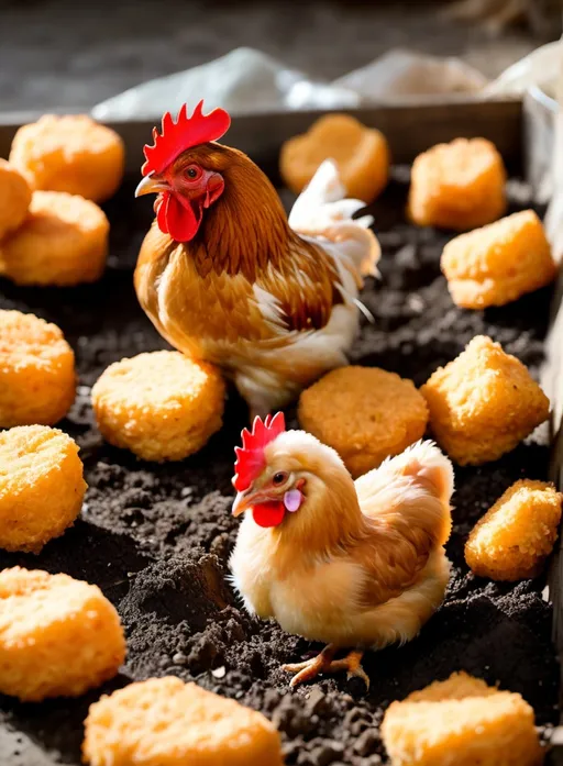 Prompt: planting chicken nuggets to grow metaphorical chickens 