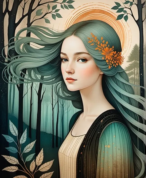 Prompt: The beautiful darling young lady with blowing hair art by Paolo Uccello, Marc Johns, Molly Harrison. Gritty patina texture, gradient luminous inking colors, Dreamy atmosphere, Whimsical forest background, Extremely detailed, intricate, beautiful. 
