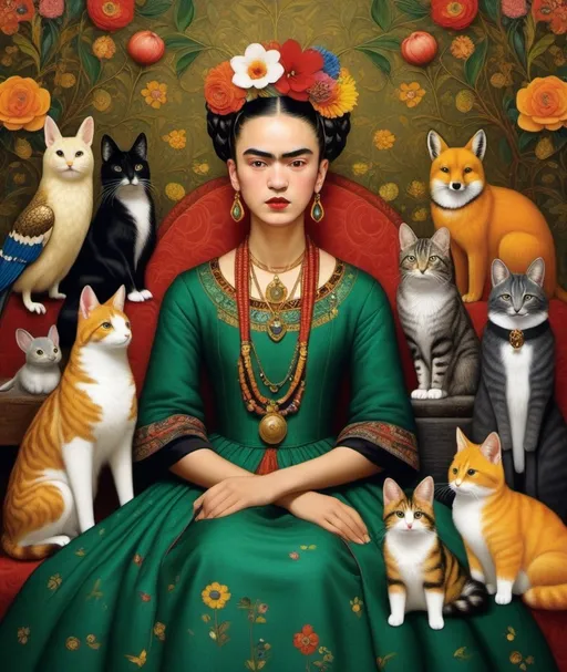 Prompt: Ori Gherst, Animorphia - Kerby Rosanes, sartorial,  by Gustav Klimt and Renoir. Frida Kahlo surrounded by medieval pokemons 