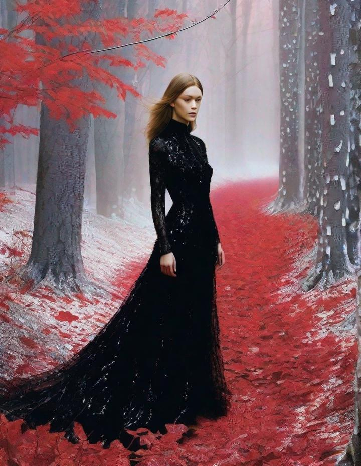 Prompt: A beautiful young lady, beautiful face, wearing opalescent black dress in a ghostly forest of white stem trees with red leaves, god rays through the tees, rim lighting, art by Mario Sorrenti,  Yves Saint-Laurent, Paolo Roversi, Thomas Edwin Mostyn, Hiro isono, James Wilson Morrice, Axel Scheffler, Gerhard Richter, pol Ledent, Robert Ryman. Guache Impasto and volumetric lighting. 3/4 portrait, Mixed media, elegant, intricate, beautiful, award winning, fantastic view, 4K 3D, high definition, hdr, focused, iridescent watercolor and ink