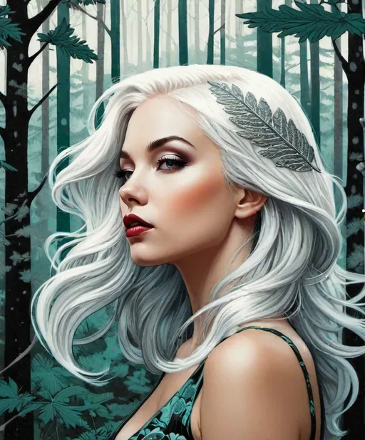 Prompt: The beautiful young lady with blowing platinum hair illustration art by Matt Fraction, Daria Endresen, Tristan Eaton. Whimsical forest background, Extremely detailed, intricate, beautiful. 
