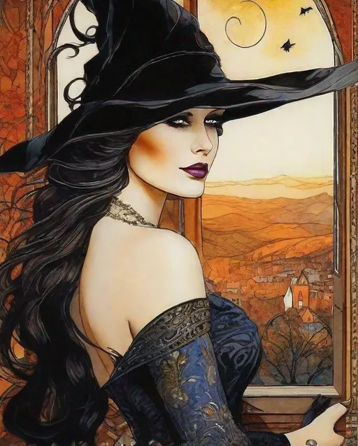 Prompt: A mesmerizing witch with pretty face and beautiful green eyes and her black cat art by Saturno Butto, Leon Bakst, Marc Allante, Charles Robinson, pol Ledent. inlay, watercolors and ink, beautiful, fantastic view, extremely detailed, intricate, best quality, highest definition, rich colours. intricate beautiful, award winning fantastic view ultra detailed, 3D high definition