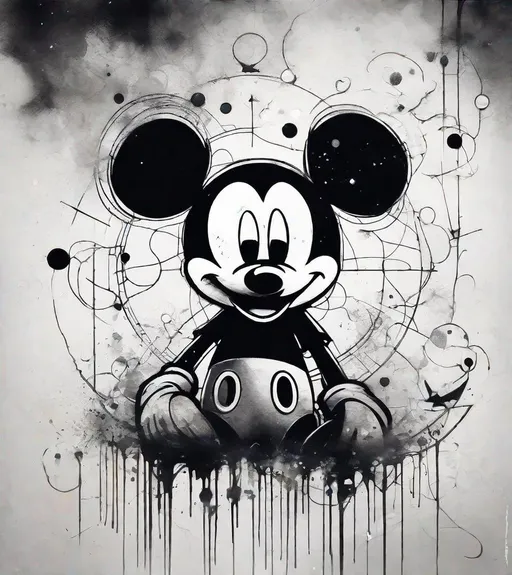 Prompt: In an ink wash graffiti style, a depiction of mickey mouse from kingdom hearts in outer space, emerges with minimalist lines. Crafted solely in white ink on a black background, resembling handwritten calligraphy, the artwork captures the woman's essence with a single,Facial close - up, a cute girl and Brightly colored fish, dreamy, eyes close - up, front view, makotoshinkai, Half of the girl's face was in the water, in the style of Otomo Katsuhiro, look up, in a realistic hyper-detailed renderstyle, glow, yellow, blue, brush hyper - realistic oil, exaggerated perspective, Tyndall effect, water dropsmother - of - pearliridescence, Holographic white, green background 