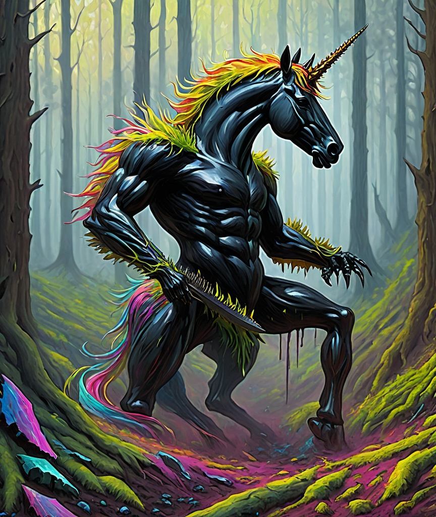 Prompt: unicorn god ate black metal and all my mouth got was cut up by razorblades, carboniferous forest, style impressionism oil painting 