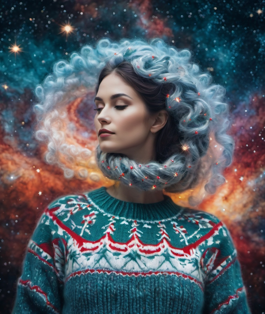 Prompt: She is a celestial demiurge knitting circle knitting into existence Jupiter's atmosphere made of knitted ugly sweater, macro Hubble photography double-exposure 