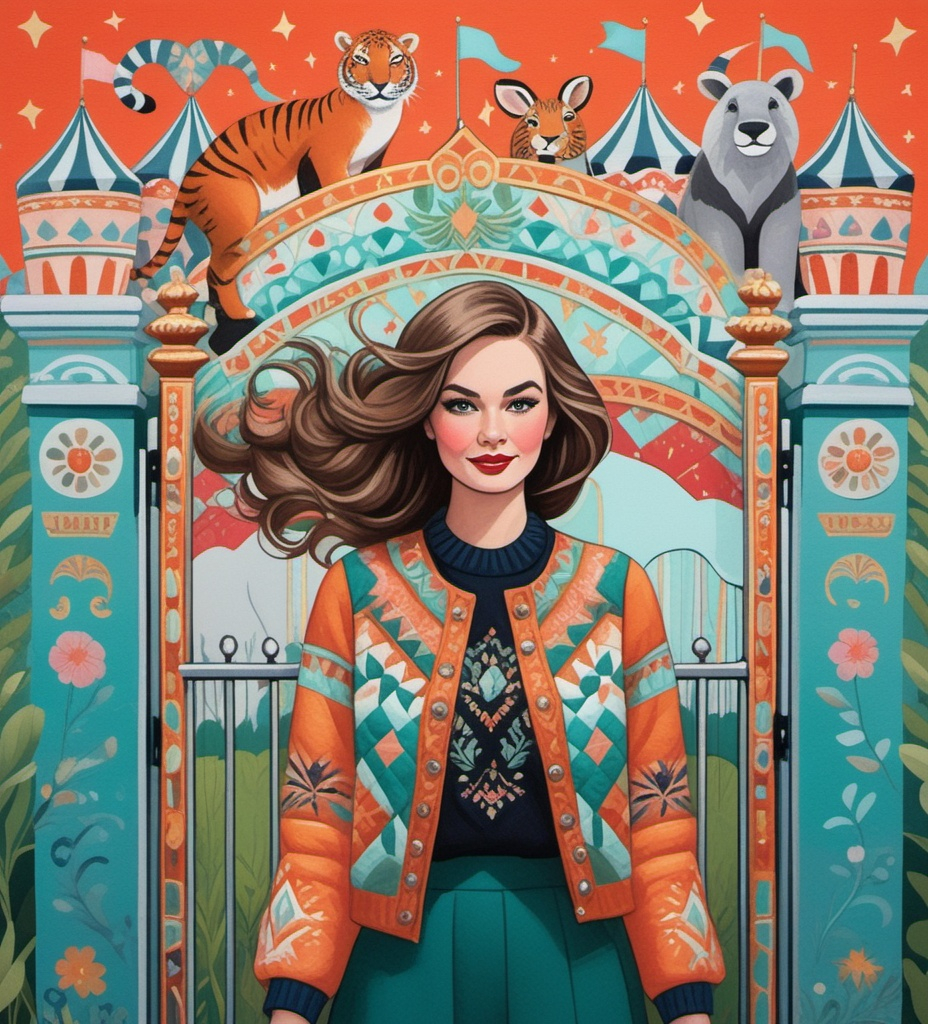 Prompt: Bond girl with blowing hair climbing gate to the Moscow circus with giant animals , in the style of chalcedony folk art-inspired illustrations, bold patterned quilts, pastel colours, bloomcore, mixes painting and ceramics, precise, detailed architecture paintings, cute and dreamy, illustration by Olivia Gibbs, Victoria Ball, ugly sweater patchwork 