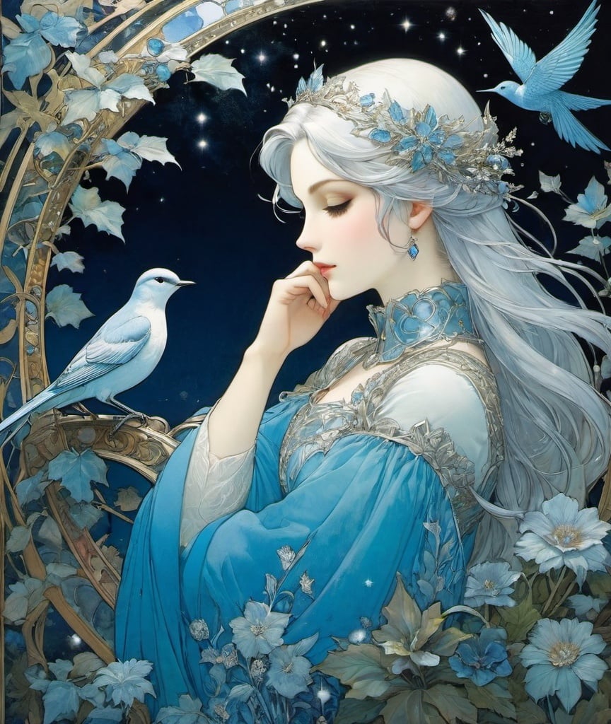 Prompt: Masaaki Sasamoto, Louis Comfort Tiffany, Ryan Sook, dream of a winter garden, a midnight rendezvous, a beautiful lady, the bird of destiny, silver, blue, and frozen silence, what a fool I was for you