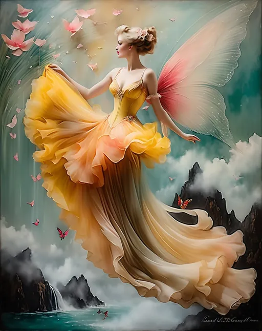 Prompt: This beautiful lady in her fluttering clothes, make my world go round, surreal photography in the style of Louis Icart, encaustic paint, mixed media, 3d, beautiful, best quality, highest definition, elegant