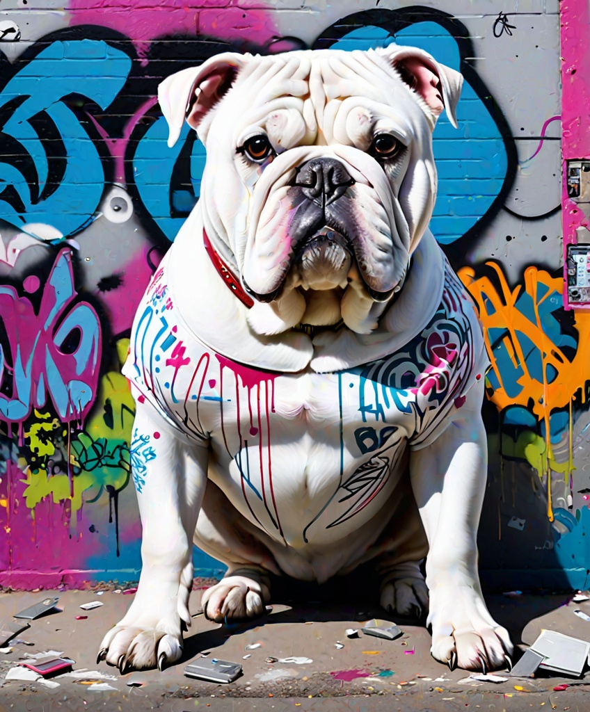 Prompt: a white bulldog completely covered in graffiti, photography by Jill Greenberg 