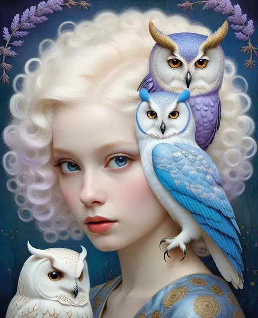 Prompt: Albino girl with wild lavender hair and blue owl friend portrait inspired by Catrin Welz - Stein, Victor Nizovtsev, Gustav Klimt, highly detailed and elegant painting, organic surrealistic shapes, exquisite composition, intricate detail, ultra maximalism