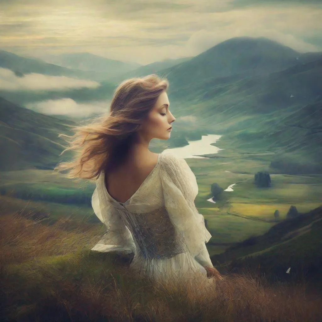 Prompt: Single image: A Very Beautiful pretty dreamy lady, beautiful face, in a eerie landscape art by Anka Zhuravleva, Sandy Welch, Christoffer Relander, Jane Small, Aliza Razell, Eduard Veith, Joel Robison, Mikhail Vrubel, Ferdinand Hodler,  William Timlin, Charles Rennie Mackintosh, John Lowrie Morrison, Sidney Nolan. 3/4 portrait, 3d, Volumetric lighting, mixed media, Best quality, crisp quality, sharp focus elegant intricate beautiful award winning fantastic view close up ultra detailed focused