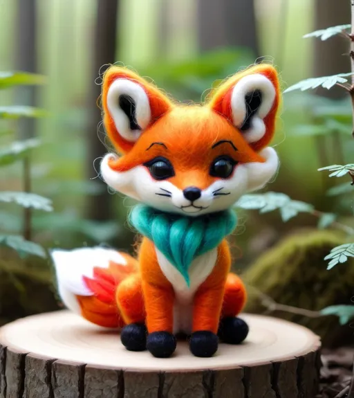 Prompt: a needle felted nine-tail fox, Asian themed, cute and bright forest, vibrant colors