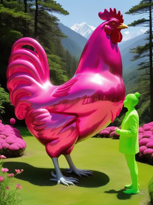 Prompt: vibrant neon pink and vivid acid green huge shiny sparkly metaphorical chicken and man, posing and tending to flora in Himalaya by junji ito and yayoi kusama, minimal figures