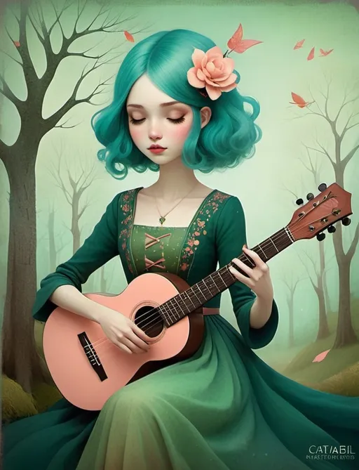 Prompt: The wandering girl wizard, with wild ombre gradient pink blue hair , plays a whimsical tune on her guitar, wearing a green and peach colored dress, STYLE: by Gabriel Pacheco, by Catrin Welz-Stein, by Kathleen Lolley, by Tara McPherson