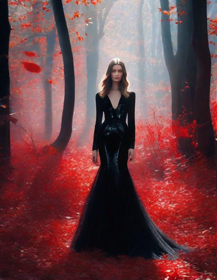 Prompt: A beautiful young lady, beautiful face, wearing opalescent black dress in a ghostly forest of white stem trees with red leaves, god rays through the tees, rim lighting, art by Mariano Vivanco,  Yves Saint-Laurent, Paolo Roversi, Thomas Edwin Mostyn, Hiro isono, James Wilson Morrice, Axel Scheffler, Gerhard Richter, pol Ledent, Robert Ryman. Guache Impasto and volumetric lighting. 3/4 portrait, Mixed media, elegant, intricate, beautiful, award winning, fantastic view, 4K 3D, high definition, hdr, focused, iridescent watercolor and ink