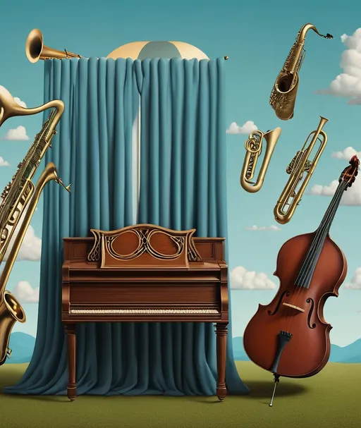 Prompt: Illustrate a whimsical surrealist scene where musical instruments transform into sartorial elements, paying homage to René Magritte