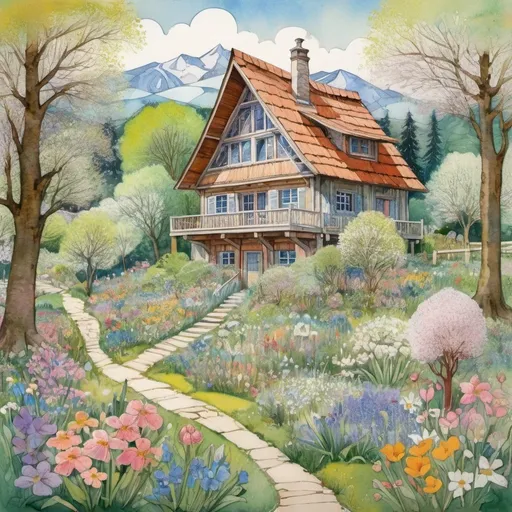 Prompt: Bucolic spring chalet surrounded by a whimsical spring garden Illustration art by Anne Redpath, Bill Bell, Catherine Holman, Albert Irvin, Mikalojus Konstantinas Ciurlionis. Extremely detailed, intricate, beautiful, guache and pen Ink. 3d, high definition, fantastic view. Impasto Watercolors and Ink, volumetric lighting