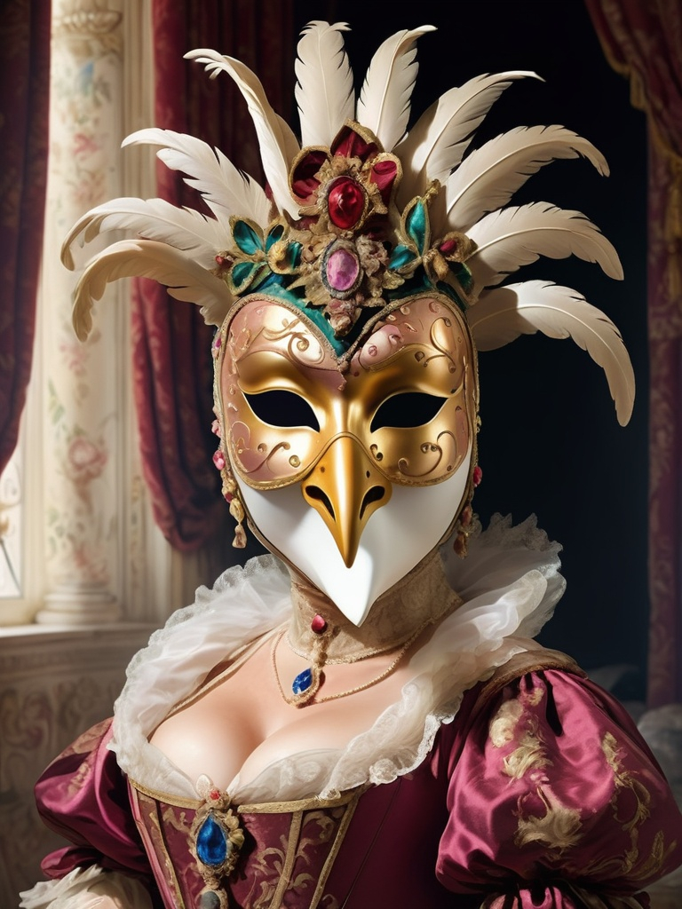 Prompt: an old Venetian metaphorical chicken mask, noble and richly decorated, worn by a mistress who has sneaked into the glamorous festival of the nobility, warm glamorous aesthetic, intoxicating festival, focus on mistress with mask 