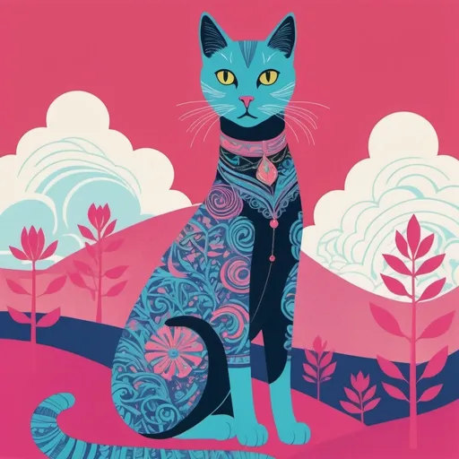 Prompt: a doodle shows an art print with a cat on it, in the style of colorful costumes, mythical beasts, feminist iconography, dark pink and sky-blue, coles phillips, figura serpentinata, animated gifs 