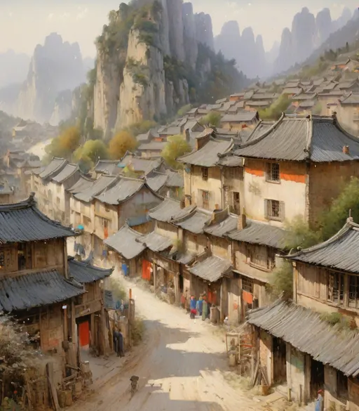 Prompt: The beautiful village style of Albert Goodwin and Wu Guanzhong. Extremely detailed, intricate, beautiful, 3d, high definition 